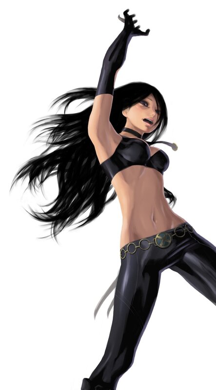 female character in black suit