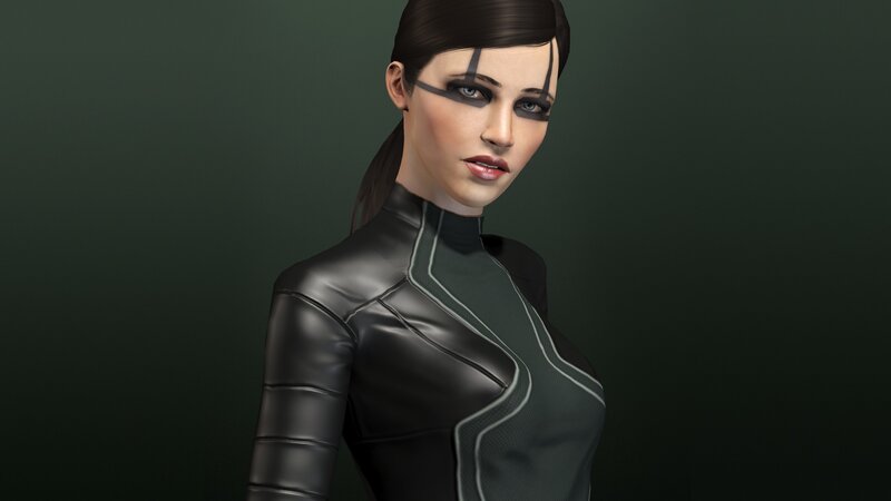female character in black suit
