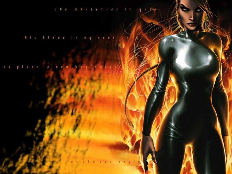 female character in black suit