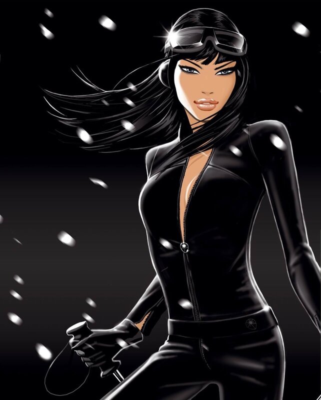 female character in black suit