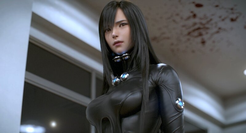 Female Character in Black Suit — Dramatic, 3d Render, Blood Splatter