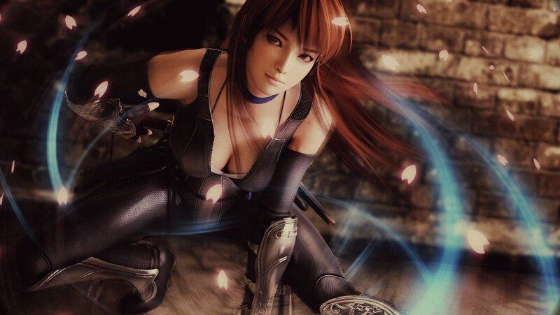 Female Character in Black Suit — Dramatic, 3d Render, Sakura Petals