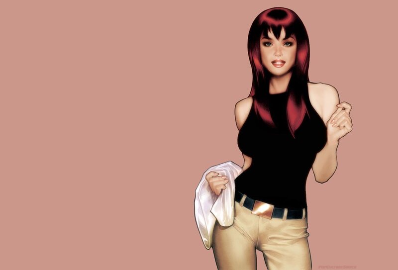 female character in black top