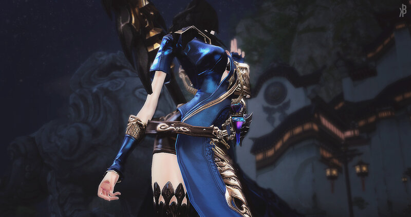 Female Character in Blue Armor — Dramatic, Night