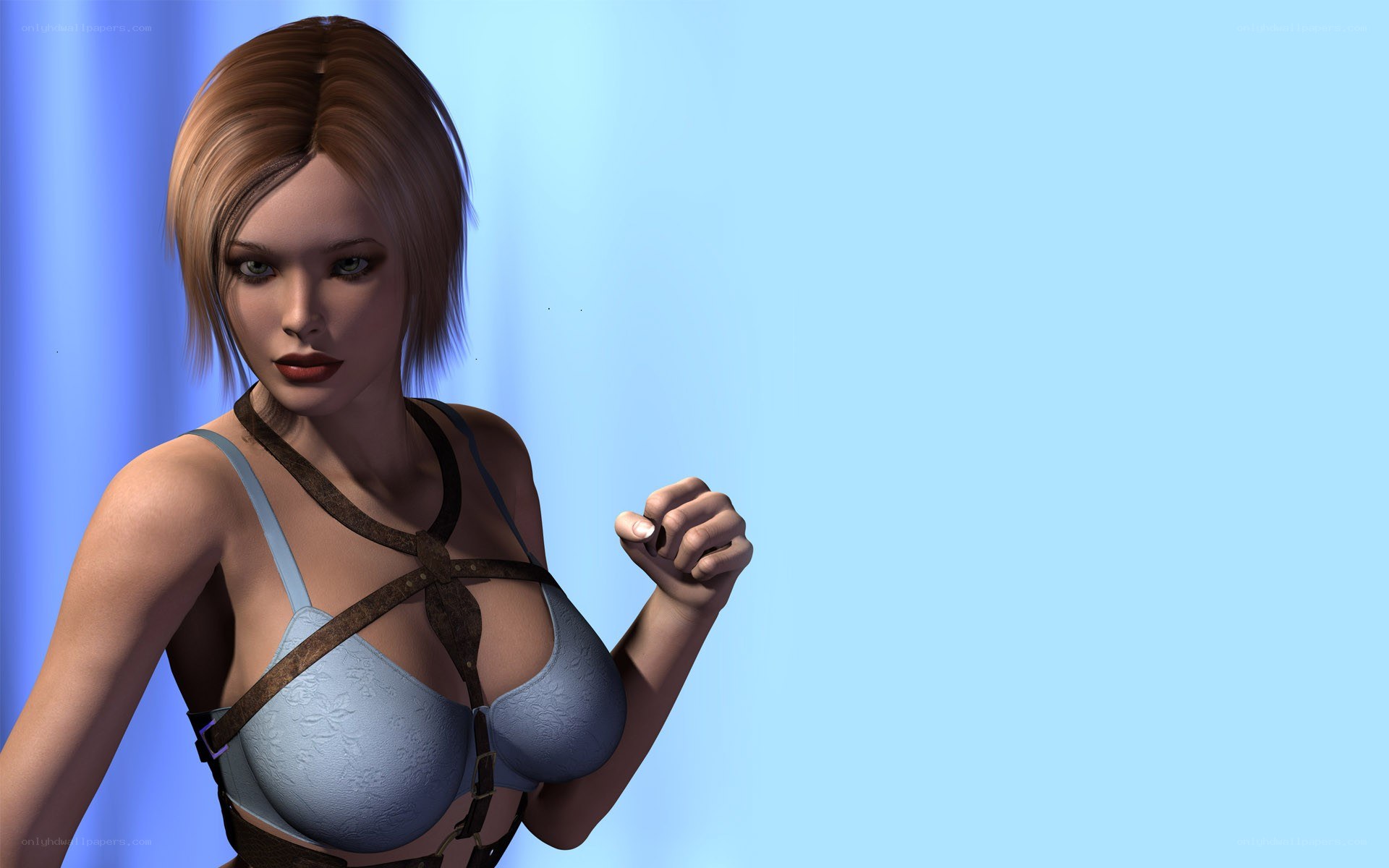female character in blue bra