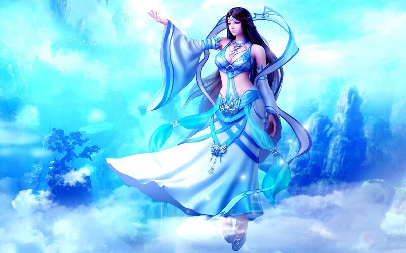 Female Character in Blue Dress — Serene, Digital Art