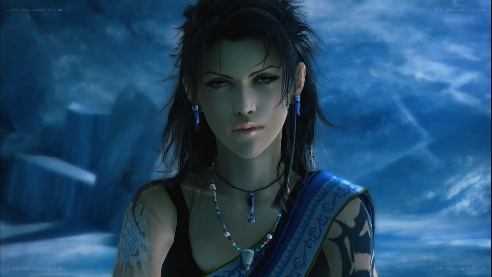 female character in blue environment