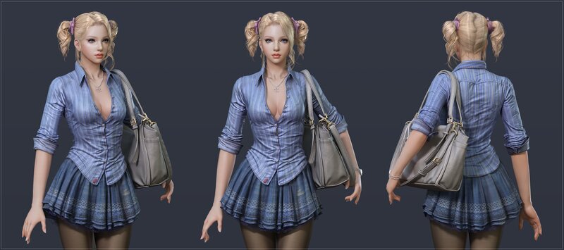 female character in blue outfit