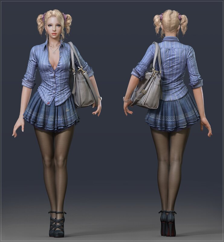 female character in blue outfit