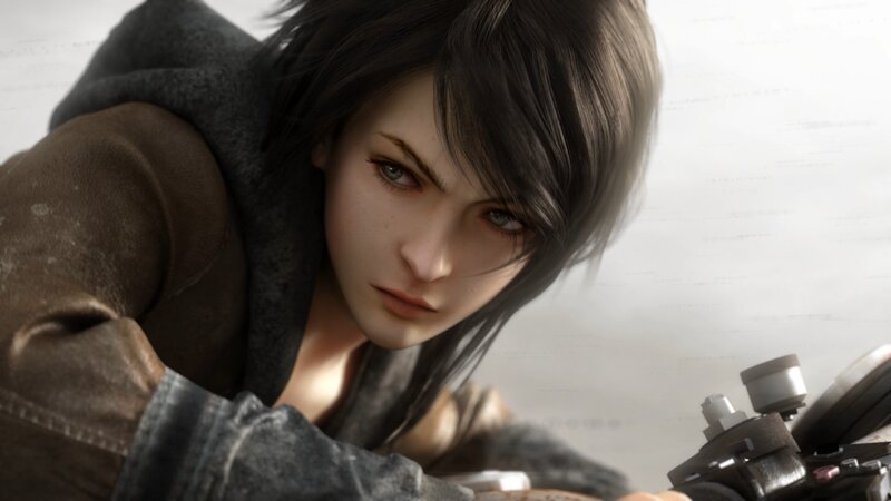 Female Character in Brown Jacket — Serious