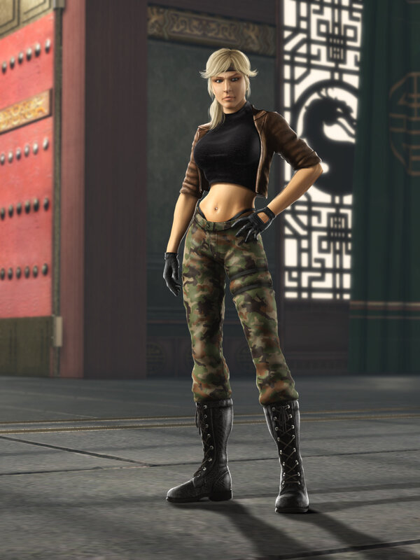 female character in camouflage pants