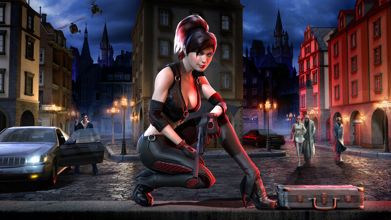 female character in city scene