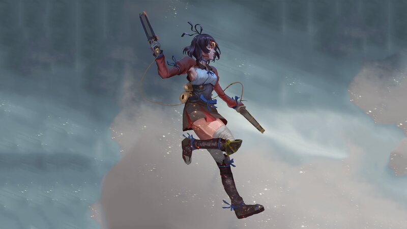Female Character in Combat — Blue, Dramatic, Digital Art