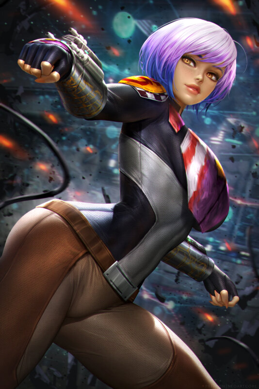 Female Character in Combat Pose — Purple, Dramatic, Digital Art