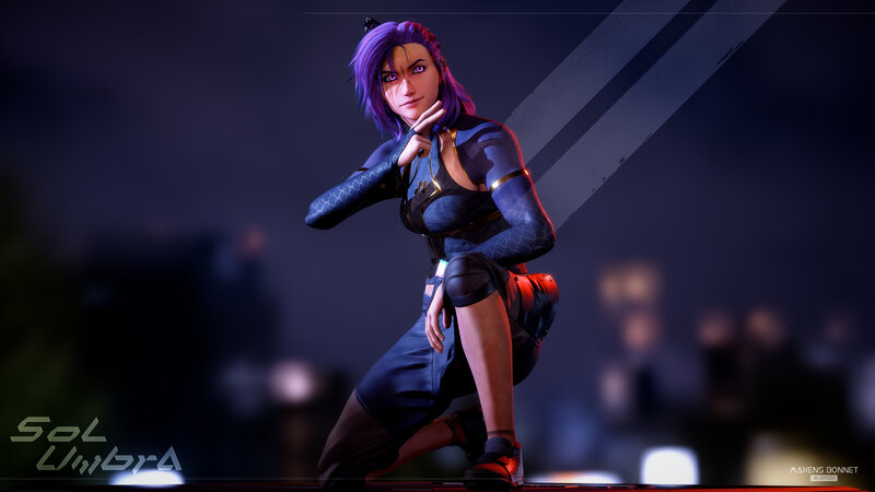 Female Character in Combat Pose — Purple, Dramatic, Night, 3d Render