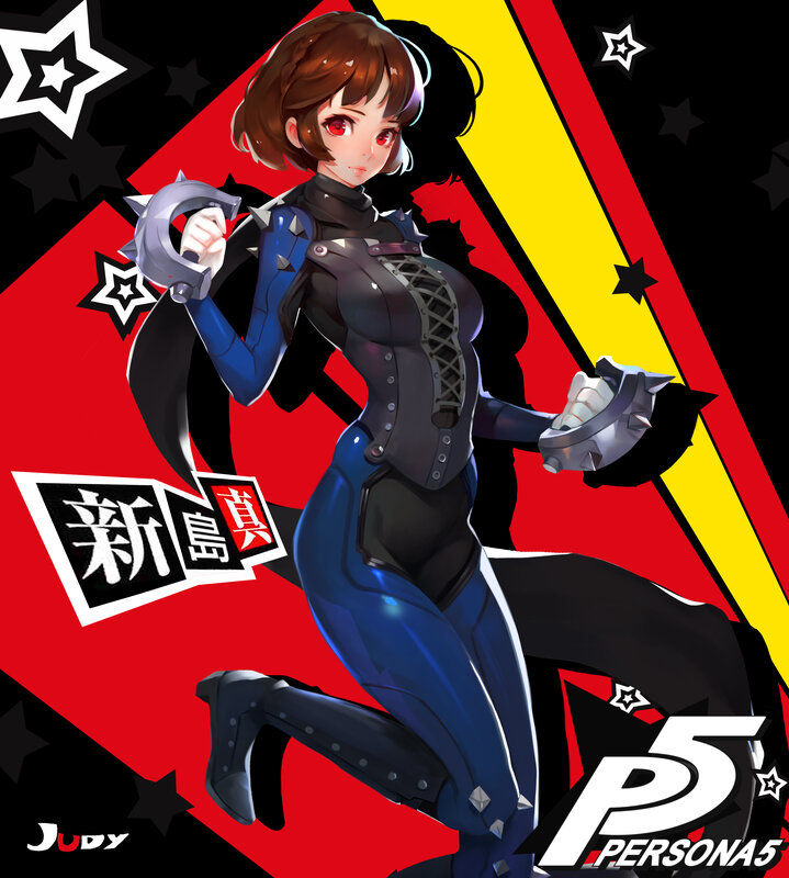 Female Character in Combat Pose — Red, Dramatic, Digital Art, Star Pattern