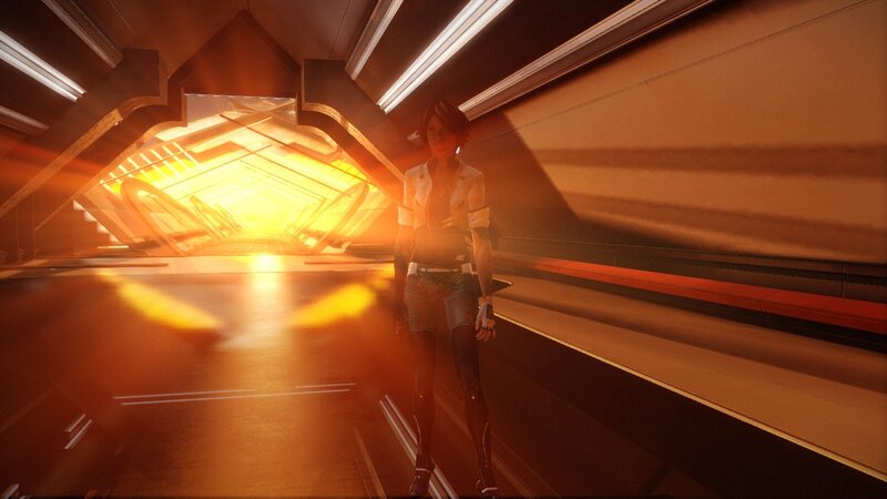 Female Character in Corridor — Orange, Dramatic