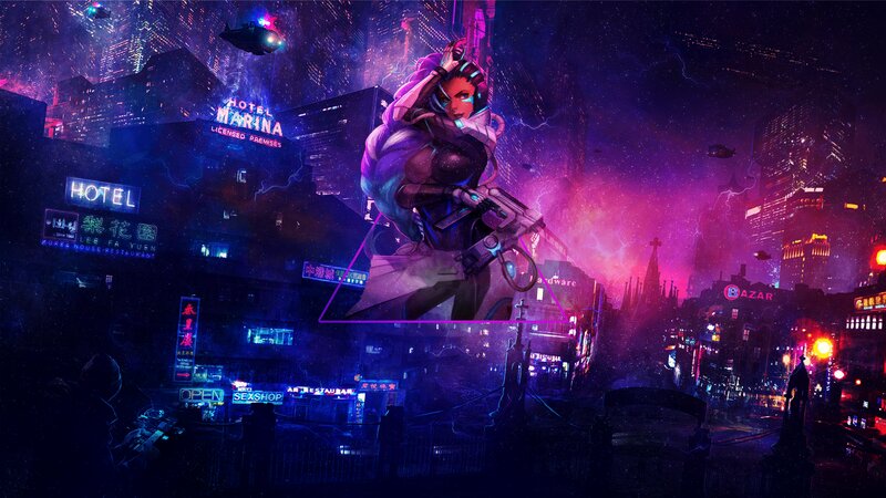 Female Character in Cyberpunk City — Purple, Dramatic, Futuristic