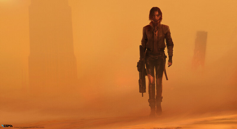 Female Character in Desert — Orange, Dramatic, Sunset