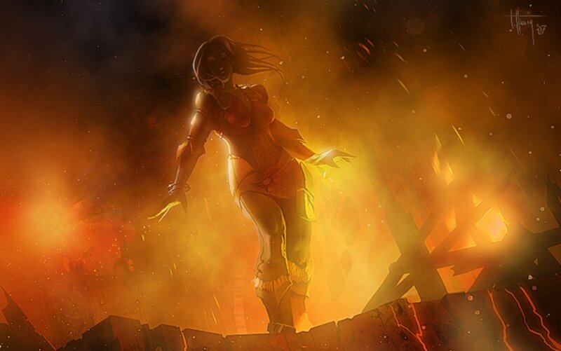 female character in fiery scene