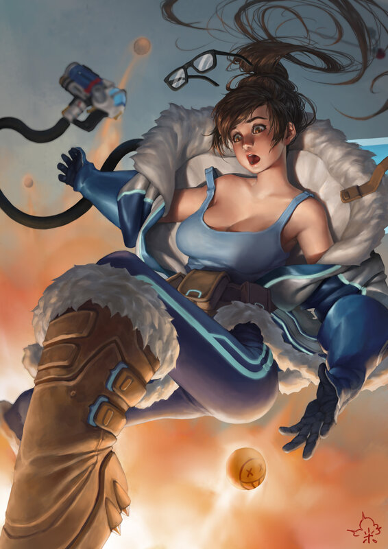 Female Character in Flight — Blue, Dramatic, Digital Art, Glasses