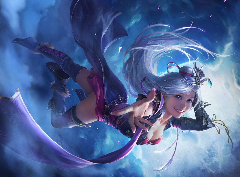 Female Character in Flight — Blue, Dynamic, Night