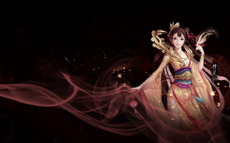 Female Character in Flowing Dress — Black, Dramatic, Night
