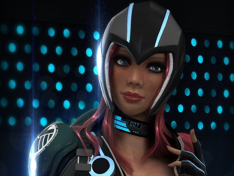 female character in futuristic armor