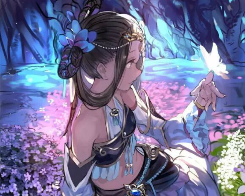 Female Character in Garden — Blue