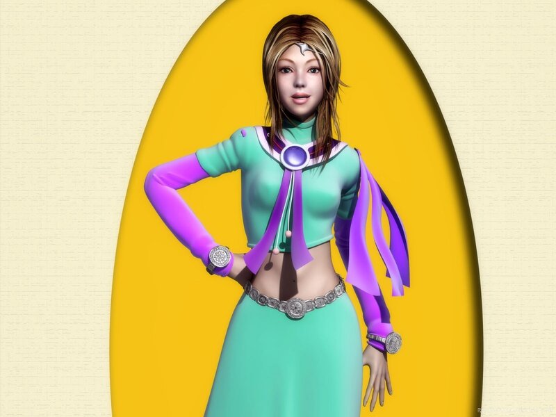 female character in green and purple