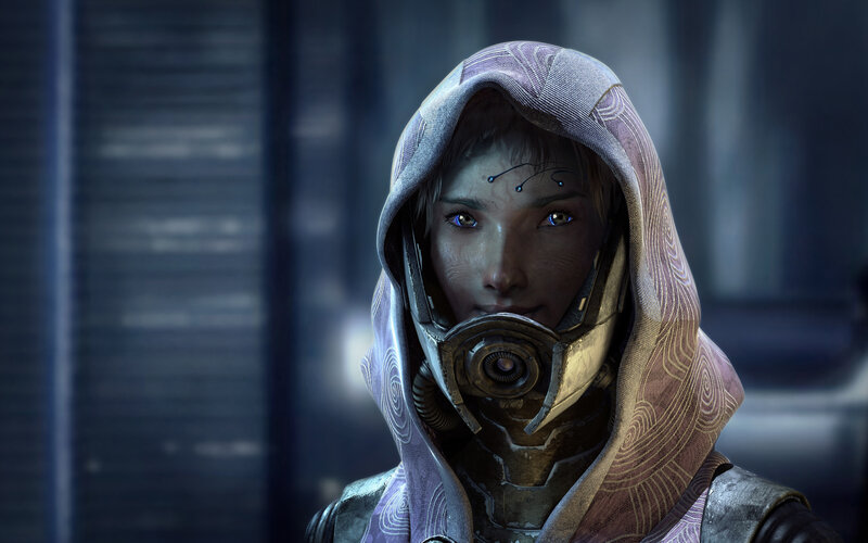 female character in hooded armor