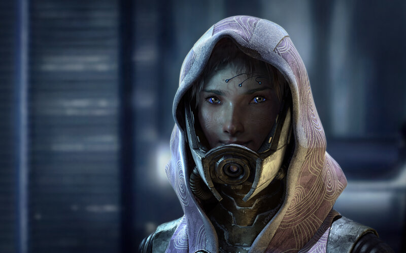 female character in hooded armor