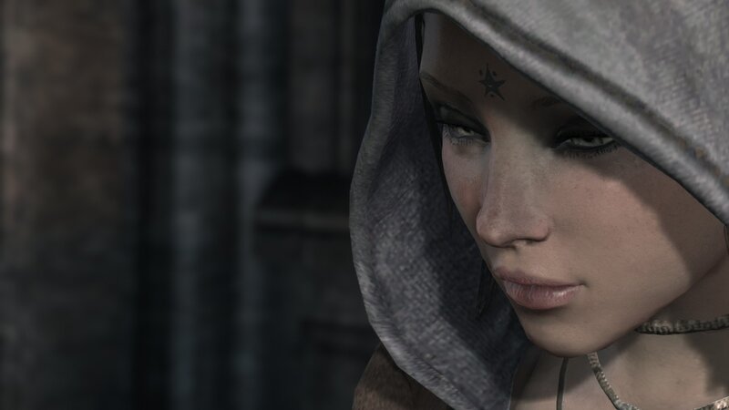 female character in hooded cloak