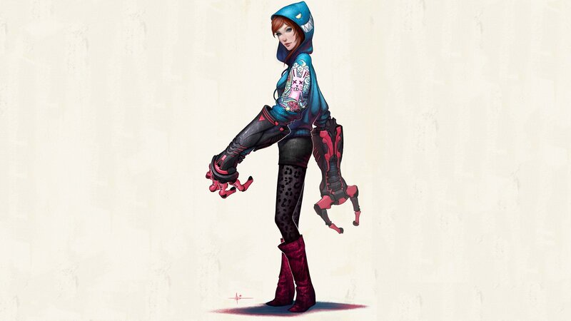 female character in hoodie