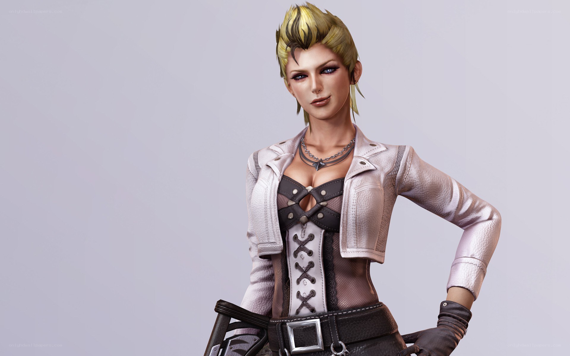 female character in leather jacket