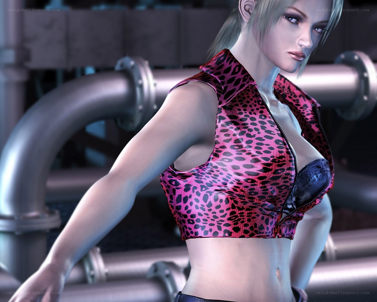 female character in leopard top