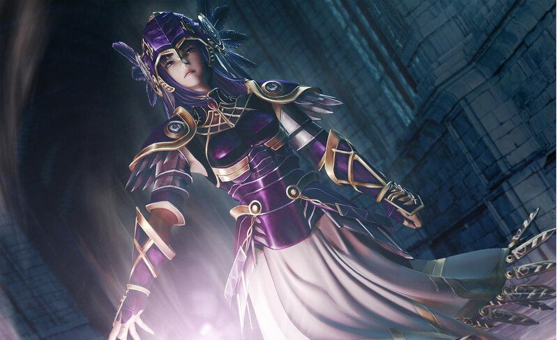 Female Character in Purple Armor — Dramatic, Night, Digital Art, Castle, Weapon