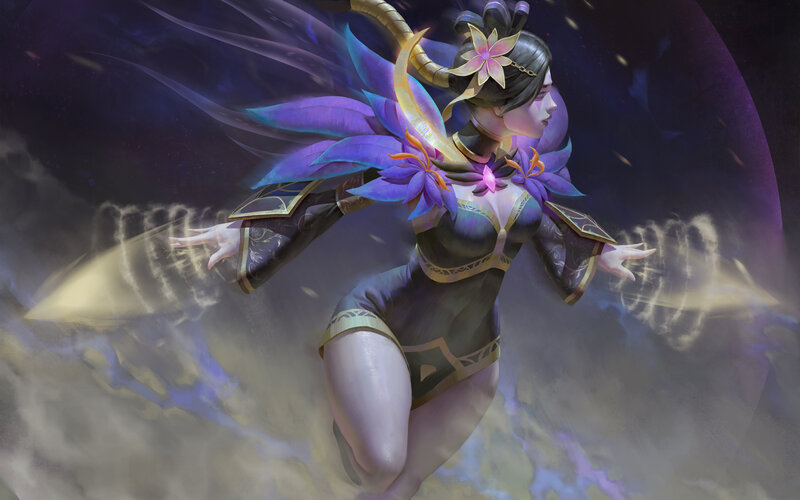 Female Character in Purple Outfit — Dramatic, Night, Digital Art, Flowers