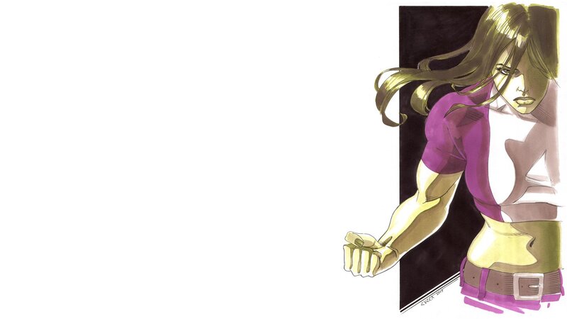 female character in purple shirt