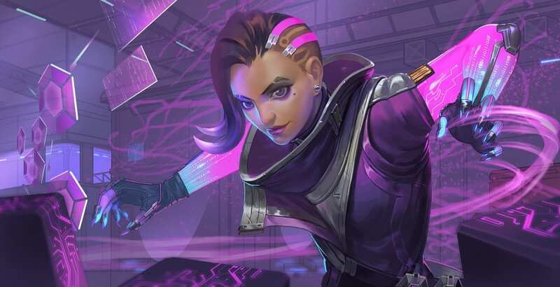 Female Character in Purple Suit — Dramatic, Digital Art, Cybernetic Arm