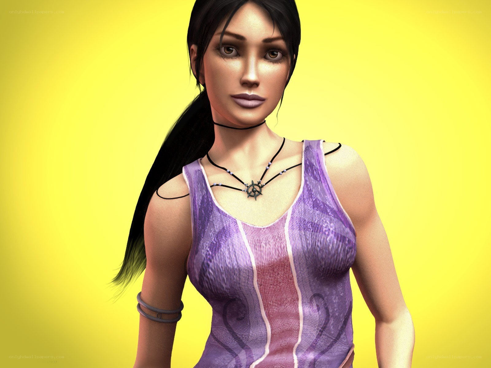 female character in purple top