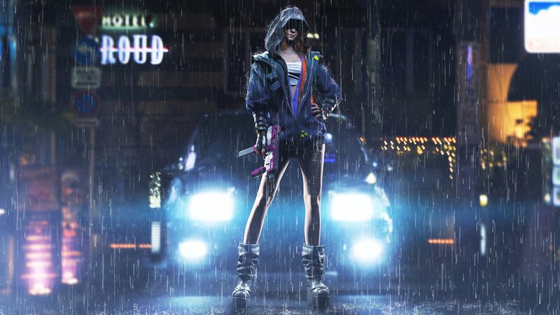 Female Character in Rain — Blue, Dramatic, Night