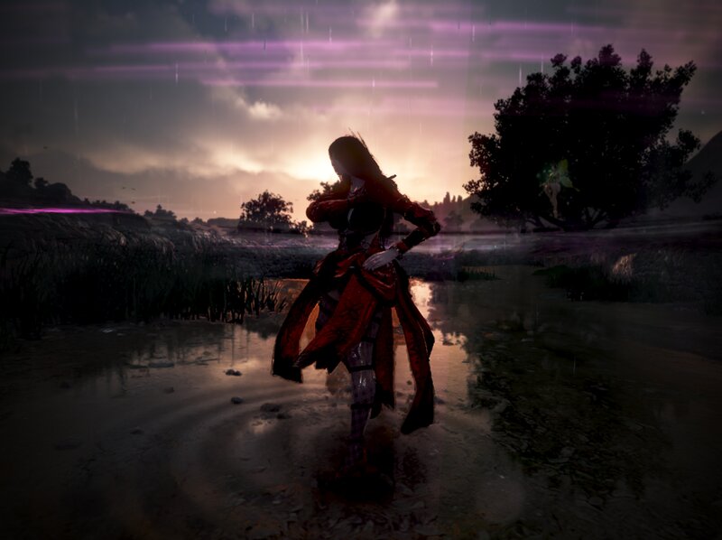 Female Character in Rain — Purple, Dramatic, Sunset