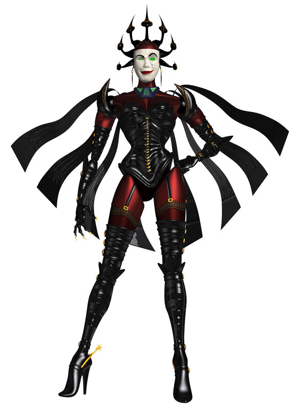 female character in red and black armor
