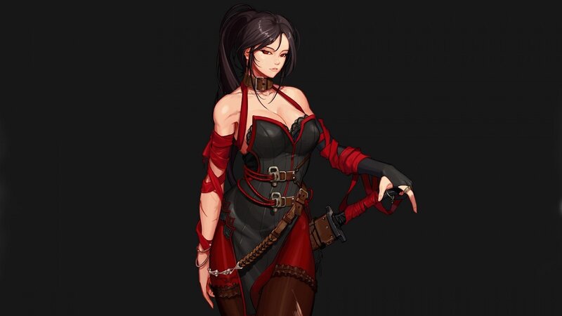 Female Character in Red and Black — Dramatic, Digital Art, Corset, Swords