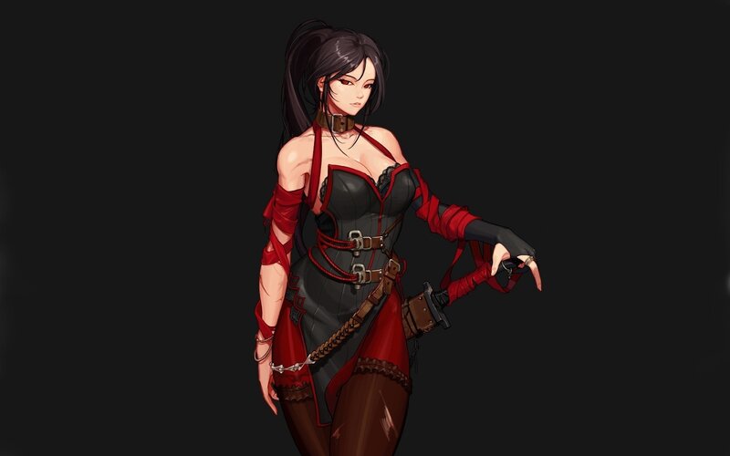 Female Character in Red and Black — Dramatic, Digital Art, Corset, Weapon, Choker