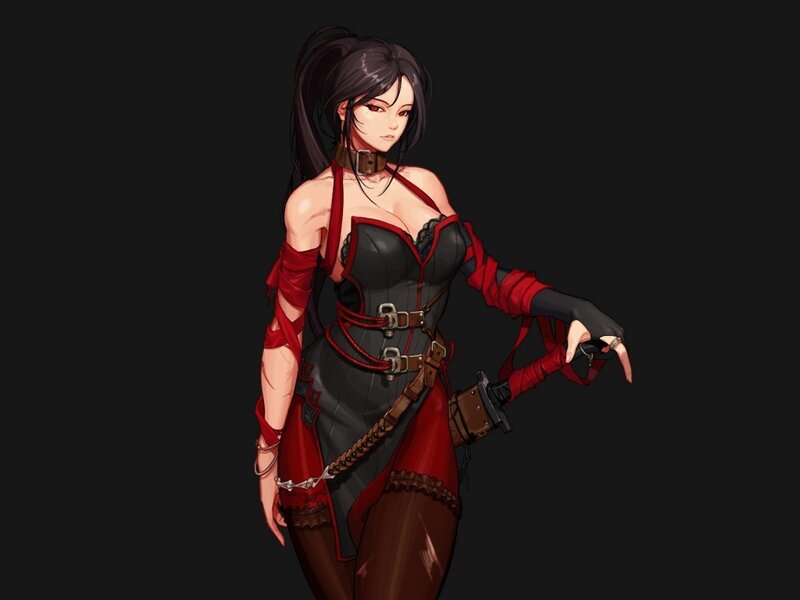 Female Character in Red and Black — Dramatic, Digital Art, Corset, Weapon