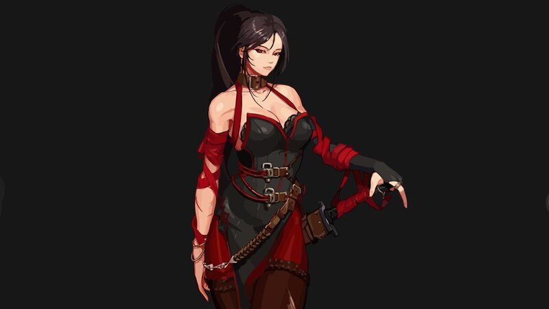Female Character in Red and Black — Dramatic, Digital Art, Sword