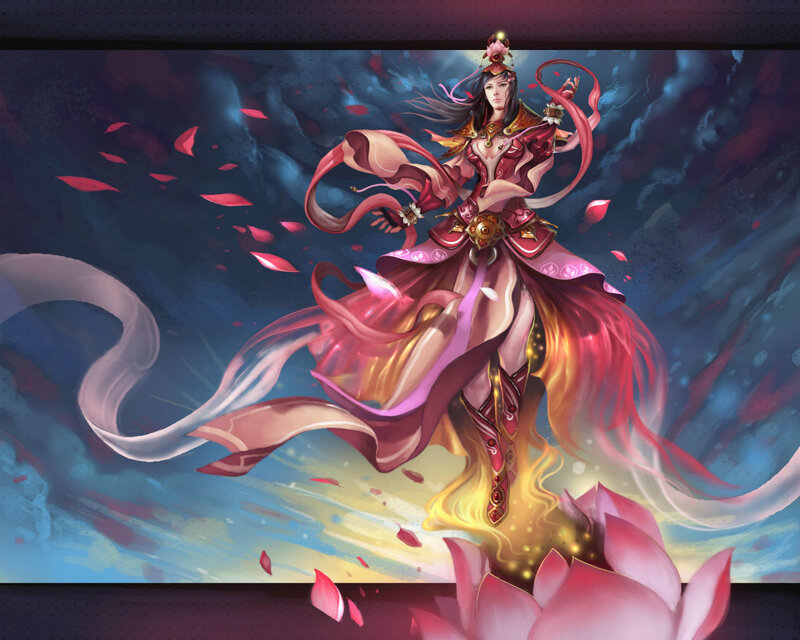 Female Character in Red Dress — Dramatic, Digital Art, Lotus Flower