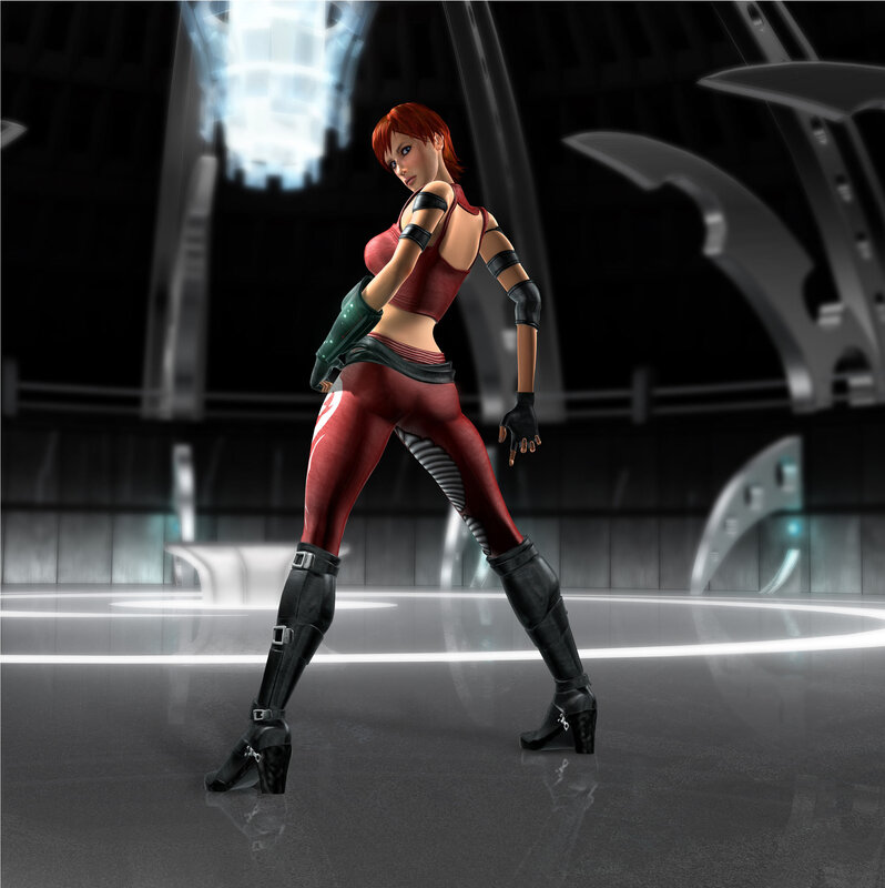 female character in red outfit